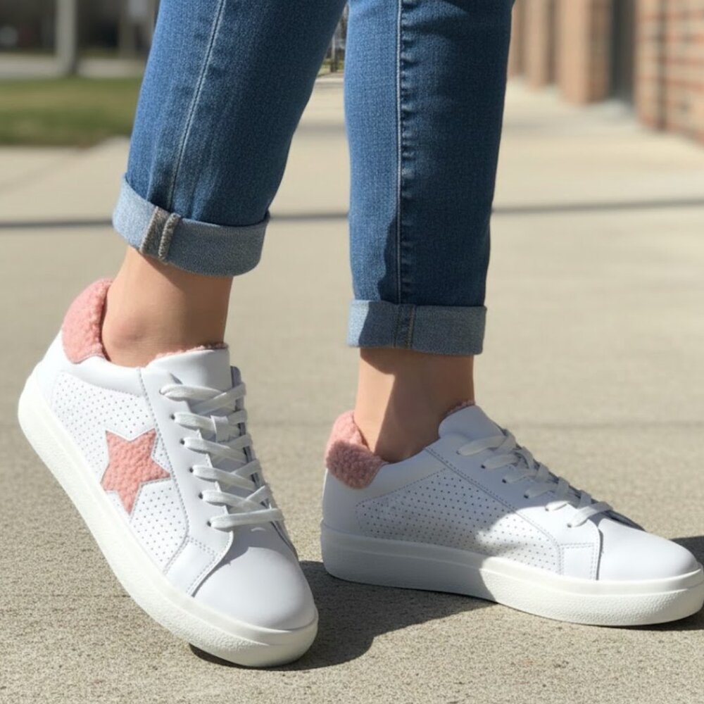 STEVE MADDEN NY90 Sherpa Star Low Top Sneakers, White/Pink 9 NWT,mnbvvcxz